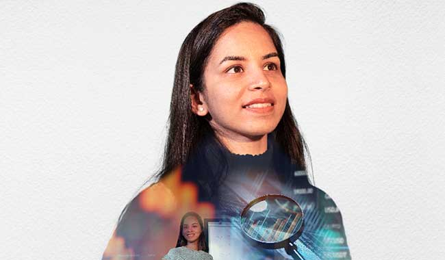 Graphic image of female looking outwards with image of a tablet and a looking glass