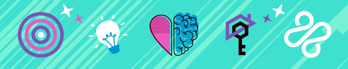 Turquoise blue banner with 5 drawings overlaid including coloured circles in circles, light bulb, heart shape half heart and half brain drawing, key and house roof and curvy siggly line and stars. 