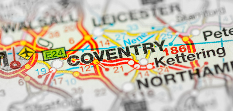 Close up of Coventry on a street map