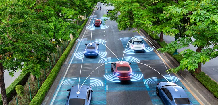 Computer generated graphic showing 5 connected autonomous vehicles on driving down a road