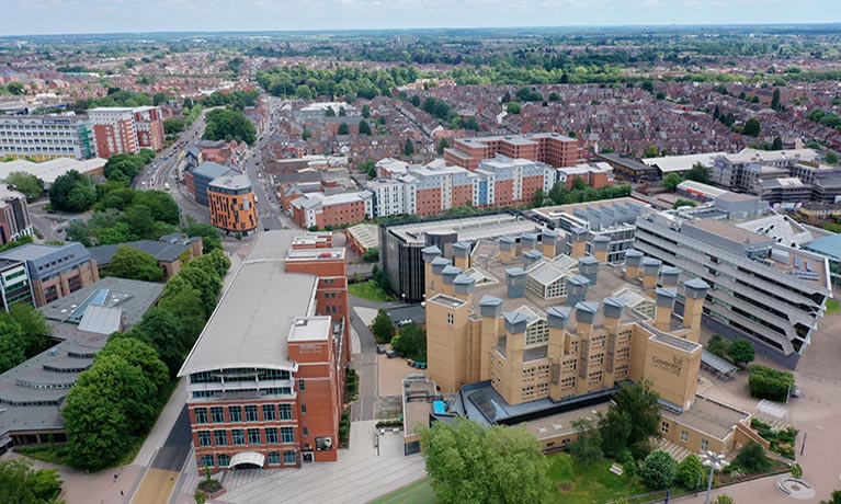 Coventry University Business School Building and Library Drone shot.