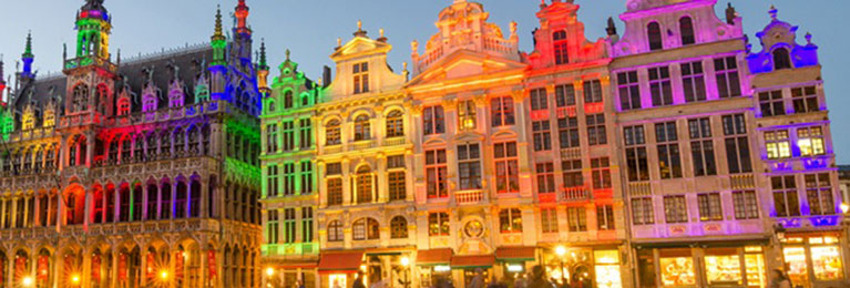 Brussels buildings lit up in different colours