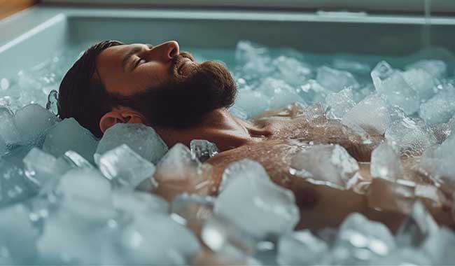 A man rests in an ice bath