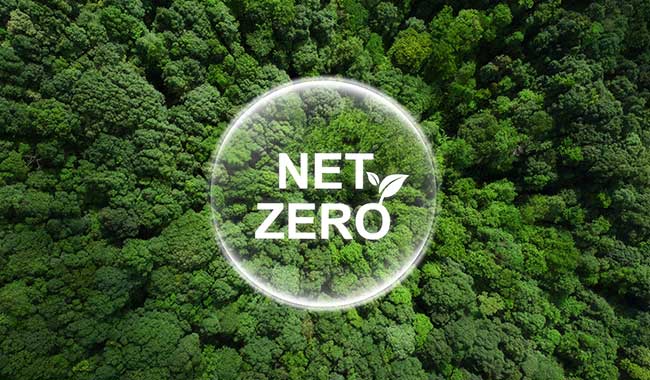 Net zero logo with a leaf coming off the zero, as a bubble floating over green trees
