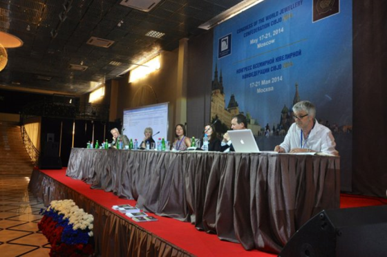 Congress of the World Jewellery Confederation (CIBJO) in Moscow, Russia, with (l-r): Willie Hamilton, CEO of The Company of Master Jewellers; Gay Penfold, Manager, Jewellery Industry Innovation Centre; Professor Marylyn Carrigan, Centre for Business in Society, Coventry University; Vivien Johnston, ethical jewellery maker; Nigel Paxman, CEO of security firm Malca-Amit; Greg Valerio, Fairtrade Gold campaigner.