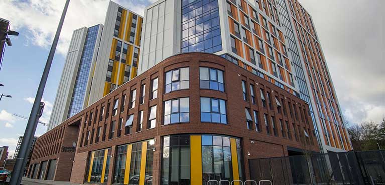 Outside of Bishop Gate accommodation with bright cladding