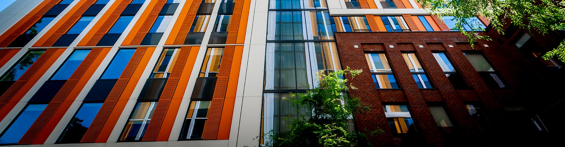 Orange cladding on the outside of the Bishop Gate building