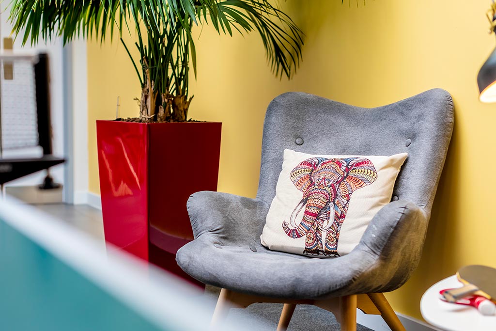 Grey chair with an elephant print cushion next to a pink planter