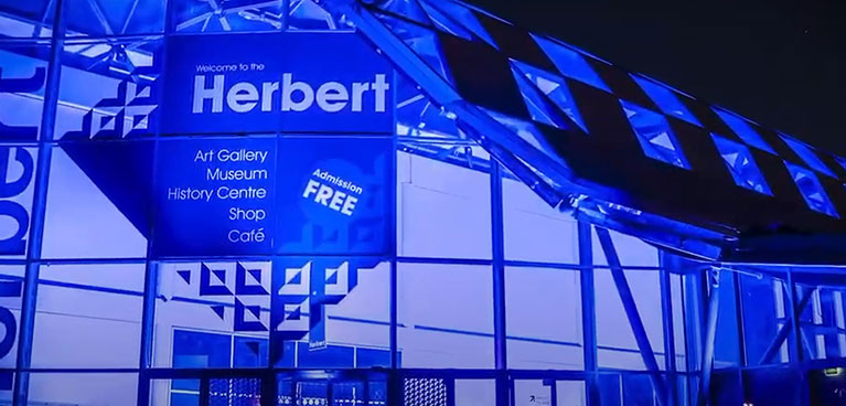 Herbert Gallery in Coventry in a blue light at night