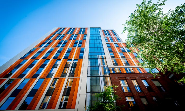 View looking up at a university accommodation building