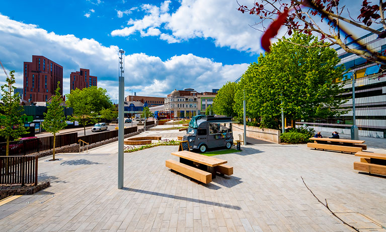 Urban garden on campus in the sunshine