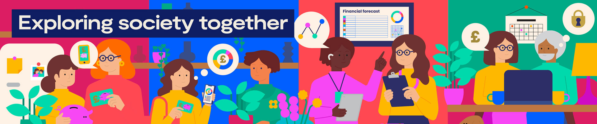 Colourful people illustration with text that reads Exploring Society Together
