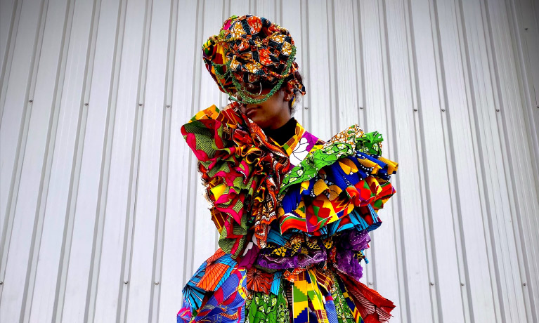 A woman wearing a colourful dress stands in front of a  metal container