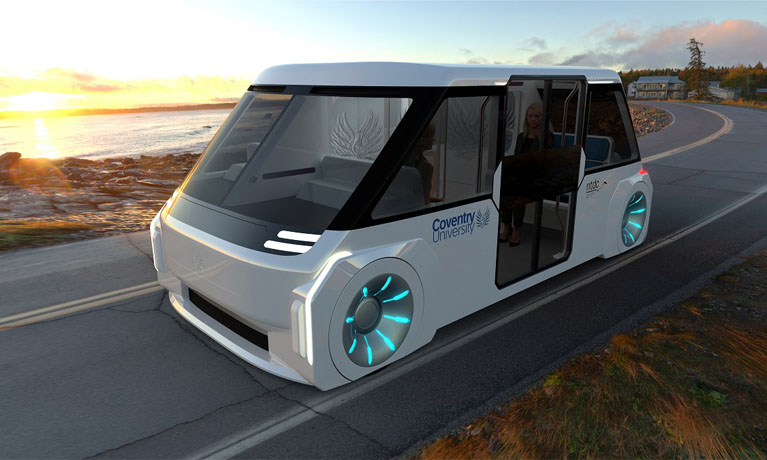 Prototype of electric car on a road in the sunset