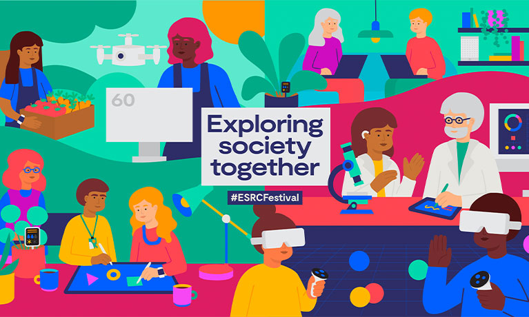 Colourful illustration reading Exploring Society Together