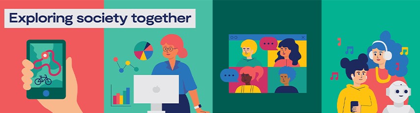 illustration of diverse community with Exploring society together written on top