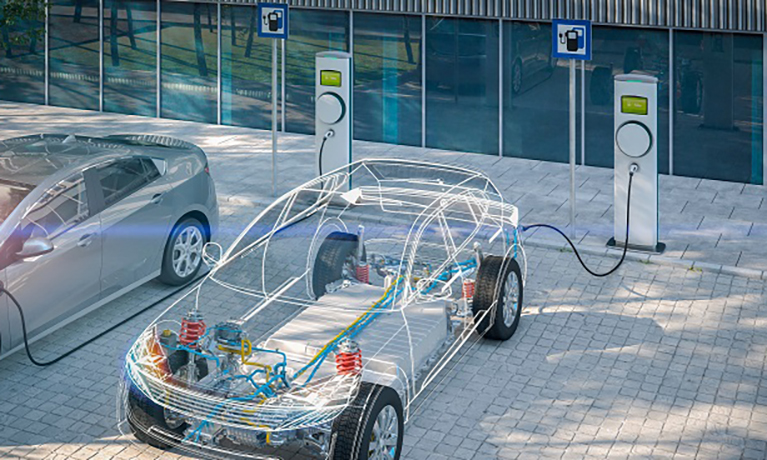 A digital car being charged at an electric charging point