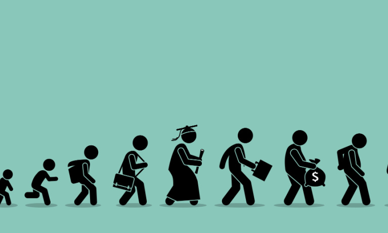 Life cycle and aging process. Person growing up from baby to old age.