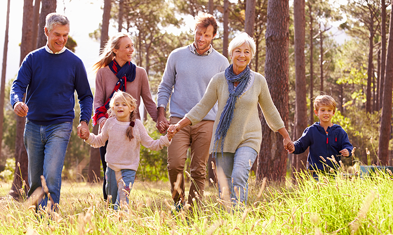 Family with grandparents, mother, father and children in a field
