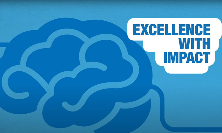 Blue outline of a brain on a blue background with text reading Excellence with Impact