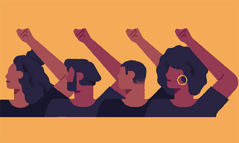 Silhouette of black women with their hands raised.