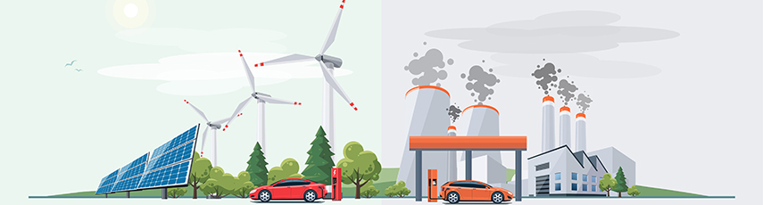 contrasting image with low carbon, electric charging on the right, and carbon use on the right