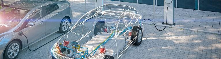 outlined car showing wires and linked to electric charging port