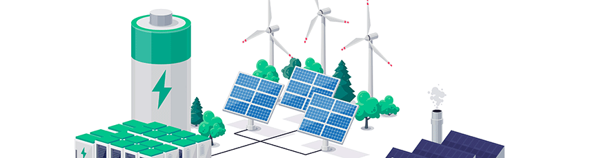 An animation of a battery, solar panels and wind turbines to represent forms of green energy