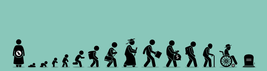 Life cycle and aging process. Person growing up from baby to old age.