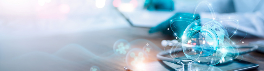 Doctor diagnose digital patient record on virtual medical network on Computing electronic medical record. Digital healthcare and network connection interface, Global health care. Medical technology.