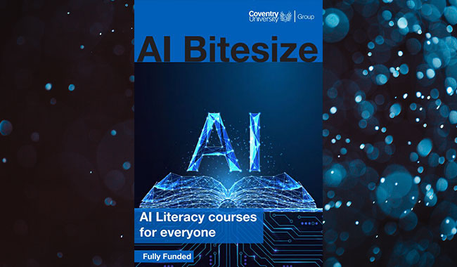 Brochure cover that reads AI Bitesize, AI Literacy Courses, Fully Funded