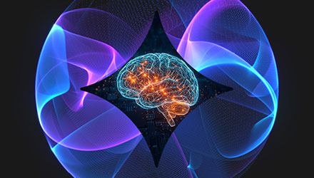 Digitised brain surrounded by purple swirls