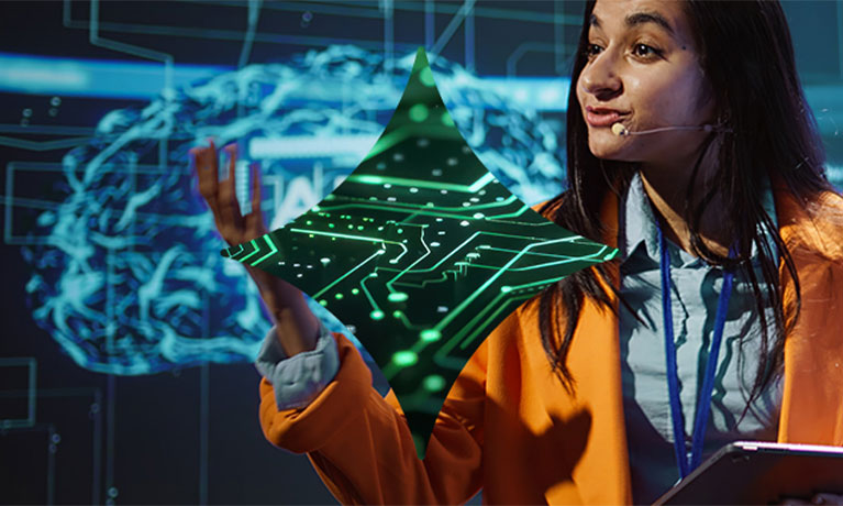 Person behind a green digitised diamond
