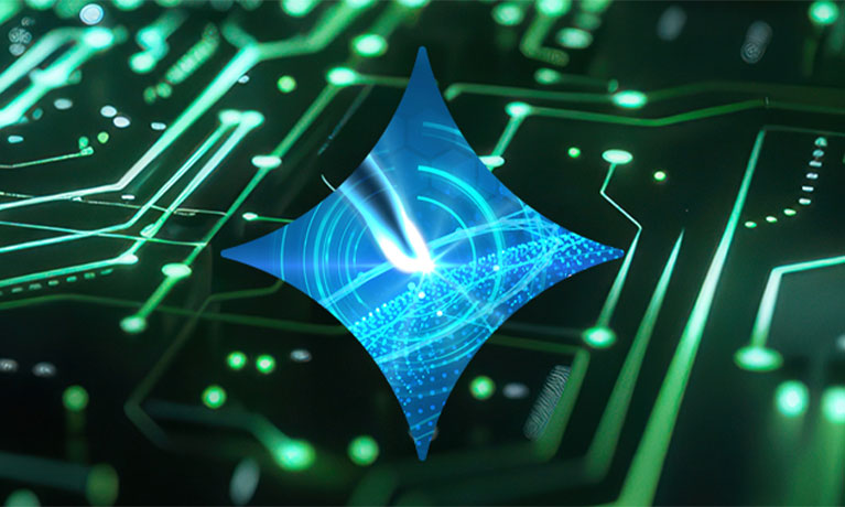 Blue diamond shape in front of green digital lines