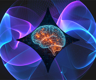 Digitised brain surrounded by purple waves