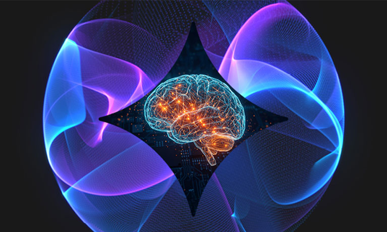Digitised brain surrounded by purple waves