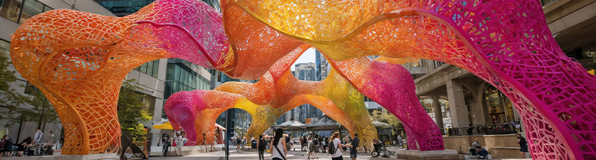 Colourful art installation in city setting