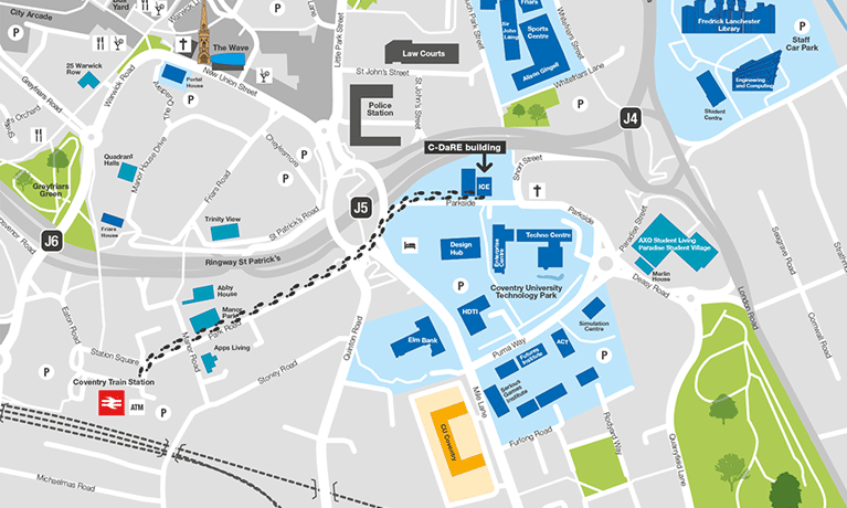 Campus map of journey from Coventry train station to ICE building.