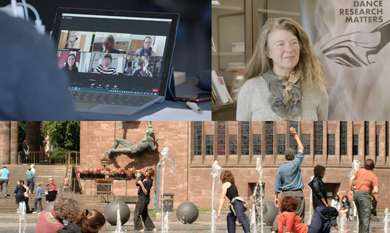 3 images of researchers on a laptop screen, Director of C-DaRE smiling at camera, and dancers next to fountain outside Coventry Cathedral