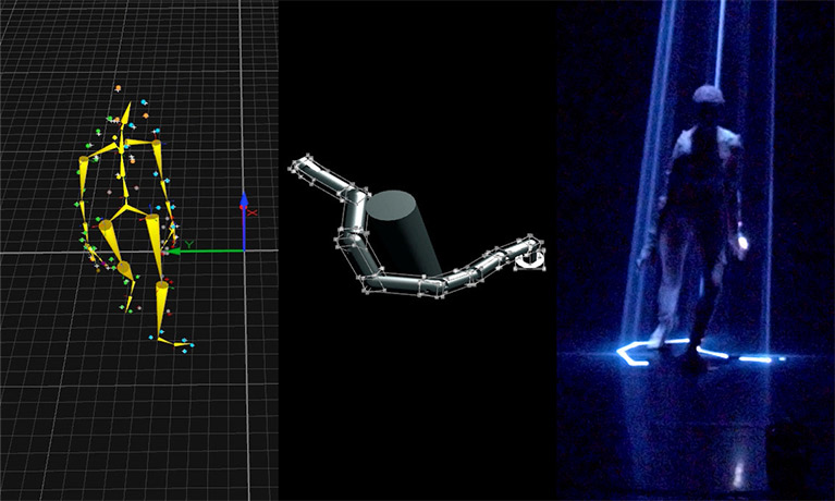 a triptych of a computer generate stick figure, a computer generated image of a robotic arm and a human standing under a blue spotlight.