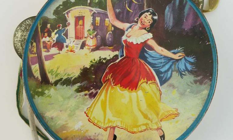 A painting of a woman in a dress dancing in a garden with a cottage behind