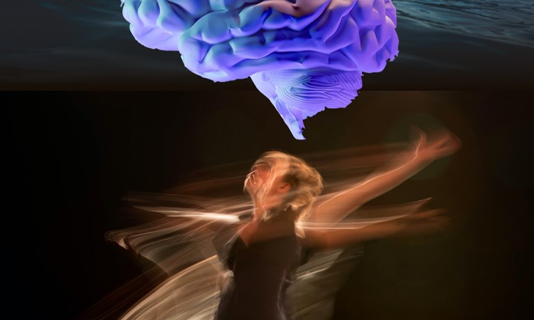 blurred image of a woman dancing with a blue brain above her