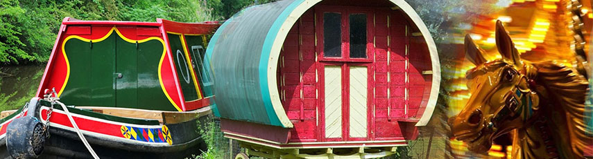 a narrow boat, a caravan and a carousel horse