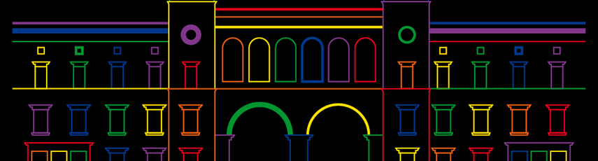 Illustration of a museum in Berlin in rainbow colours on black background