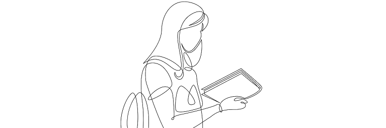 Black and white outline of lady reading a book.