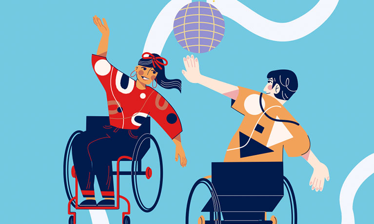 a cartoon of a man and a woman in wheelchairs dancing under a disco ball