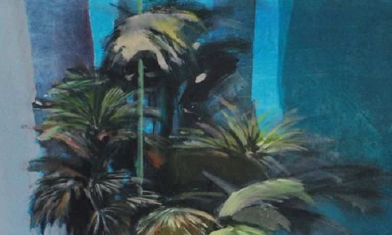 A painting of a plant in front of a turquoise wall