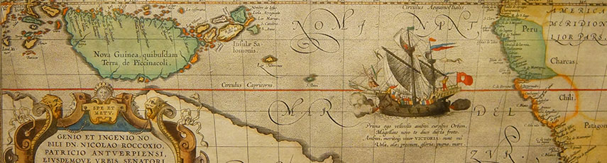 an old map focusing on a wooden ship crossing the Atlantic Ocean