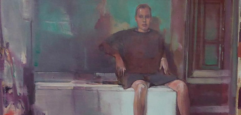 A painting of a man sitting against a wall with paint supplies in the foreground.