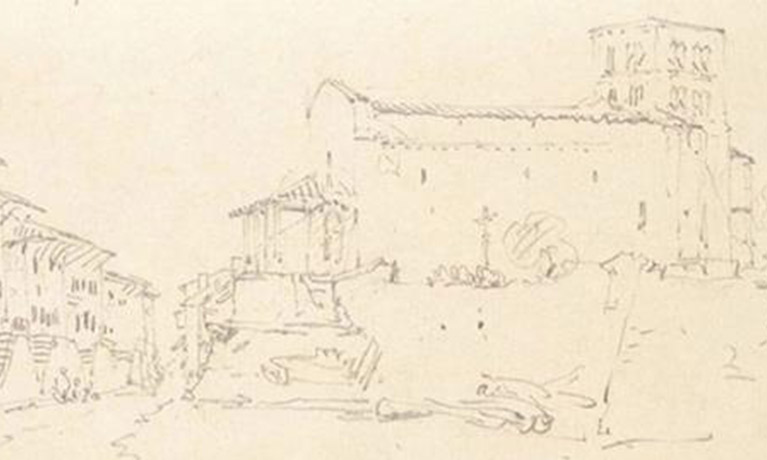 A sketch on yellow paper of a romanesque church.